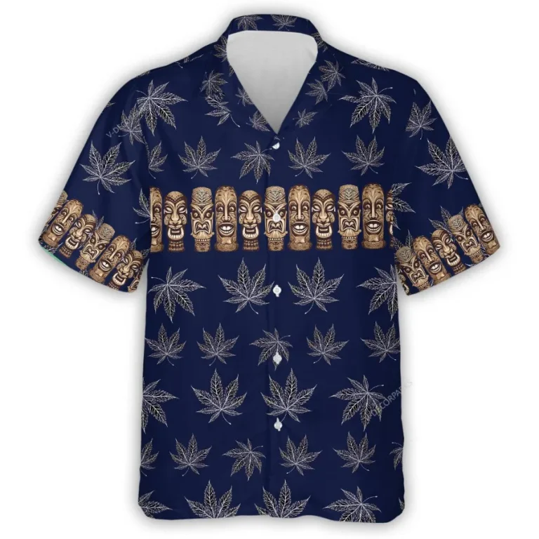 Tribal Tiki Hawaiian Shirts For Men Women, Weed Leaves Pattern Aloha Shirt, Tiki Cannabis Summer Beach Shirt, Hawaiian Short Sleeve Button Down Shirt