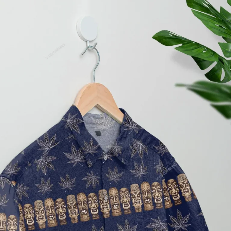 Tribal Tiki Hawaiian Shirts For Men Women, Weed Leaves Pattern Aloha Shirt, Tiki Cannabis Summer Beach Shirt, Hawaiian Short Sleeve Button Down Shirt
