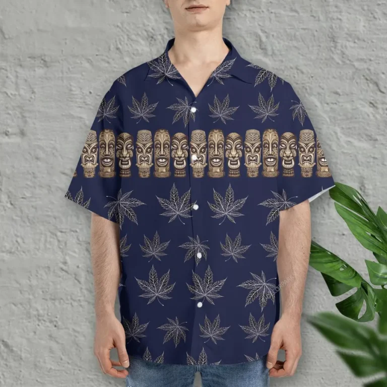 Tribal Tiki Hawaiian Shirts For Men Women, Weed Leaves Pattern Aloha Shirt, Tiki Cannabis Summer Beach Shirt, Hawaiian Short Sleeve Button Down Shirt