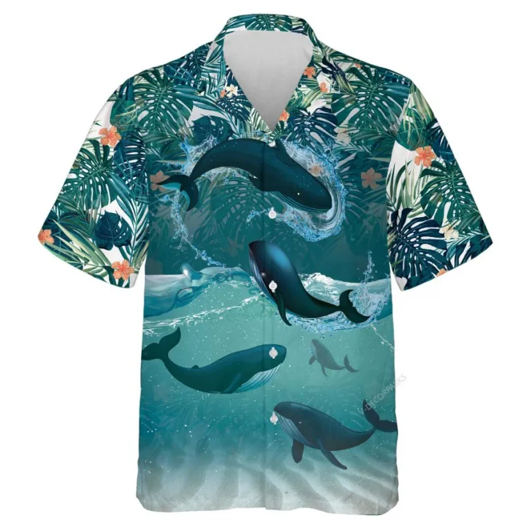 Tropical Whale Hawaiian Shirt For Men Women, Humpback Whale Aloha Shirt, Tropical Summer Beach Shirt, Whale Button Down Short Sleeve Hawaiian Shirts