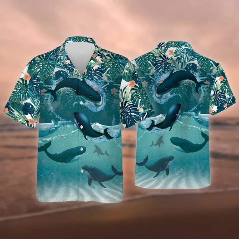 Tropical Whale Hawaiian Shirt For Men Women, Humpback Whale Aloha Shirt, Tropical Summer Beach Shirt, Whale Button Down Short Sleeve Hawaiian Shirts