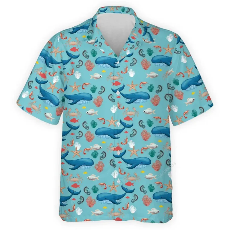 Blue Whale Hawaiian Shirt For Men Women, Sea Animals Aloha Shirts, Tropical Summer Beach Shirts, Marine Life Button Down Short Sleeve Hawaiian Shirts