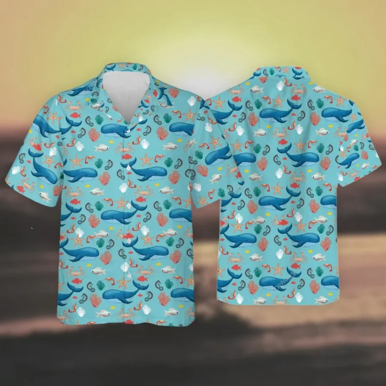 Blue Whale Hawaiian Shirt For Men Women, Sea Animals Aloha Shirts, Tropical Summer Beach Shirts, Marine Life Button Down Short Sleeve Hawaiian Shirts