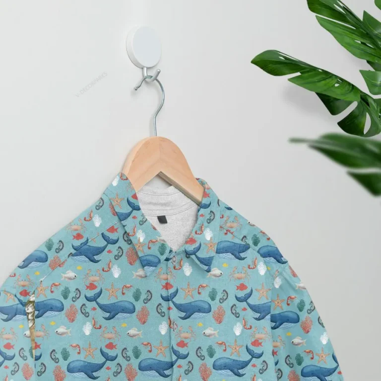 Blue Whale Hawaiian Shirt For Men Women, Sea Animals Aloha Shirts, Tropical Summer Beach Shirts, Marine Life Button Down Short Sleeve Hawaiian Shirts