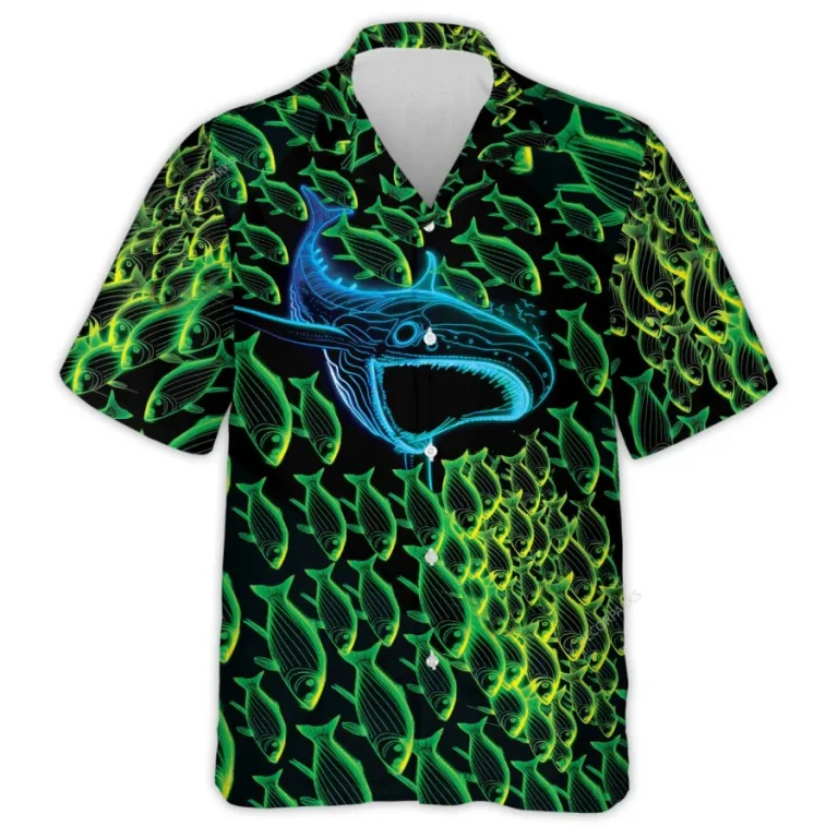 Whale Hunting Hawaiian Shirts For Men Women, Sea Fish Aloha Shirts, Colorful Summer Beach Shirts, Neon Whale Button Down Short Sleeve Hawaiian Shirts