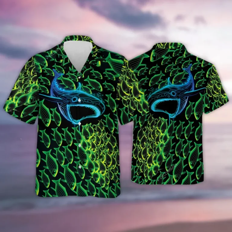 Whale Hunting Hawaiian Shirts For Men Women, Sea Fish Aloha Shirts, Colorful Summer Beach Shirts, Neon Whale Button Down Short Sleeve Hawaiian Shirts