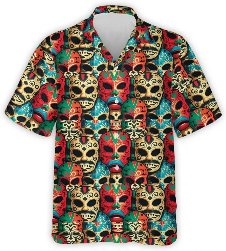 Lucha Libre Men's Hawaiian Shirts, Mexican Theme Hawaiian Shirts, Wrestling Mask Summer Shirts, Wrestling Mask Casual Button Down Hawaiian Shirts