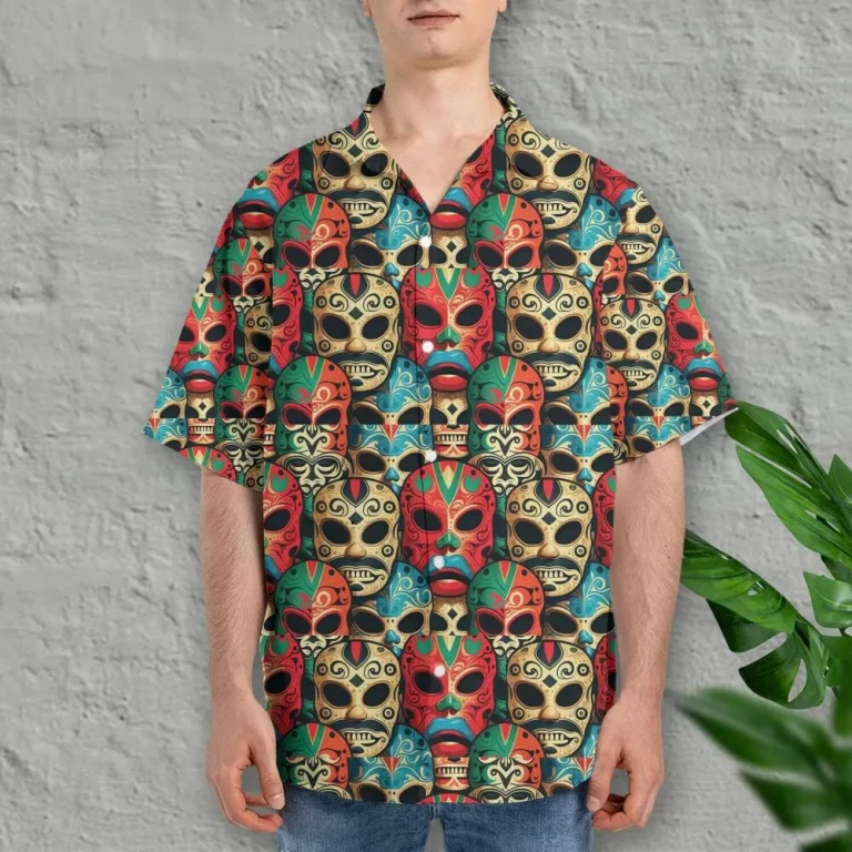 Lucha Libre Men's Hawaiian Shirts, Mexican Theme Hawaiian Shirts, Wrestling Mask Summer Shirts, Wrestling Mask Casual Button Down Hawaiian Shirts