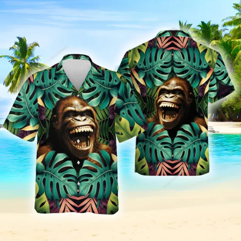 Laughing Bigfoot Hawaiian Shirt For Men Women, Tropical Sasquatch Summer Beach Shirt,bigfoot Lover Button Down Short Sleeve Shirt,tropical Aloha Shirt