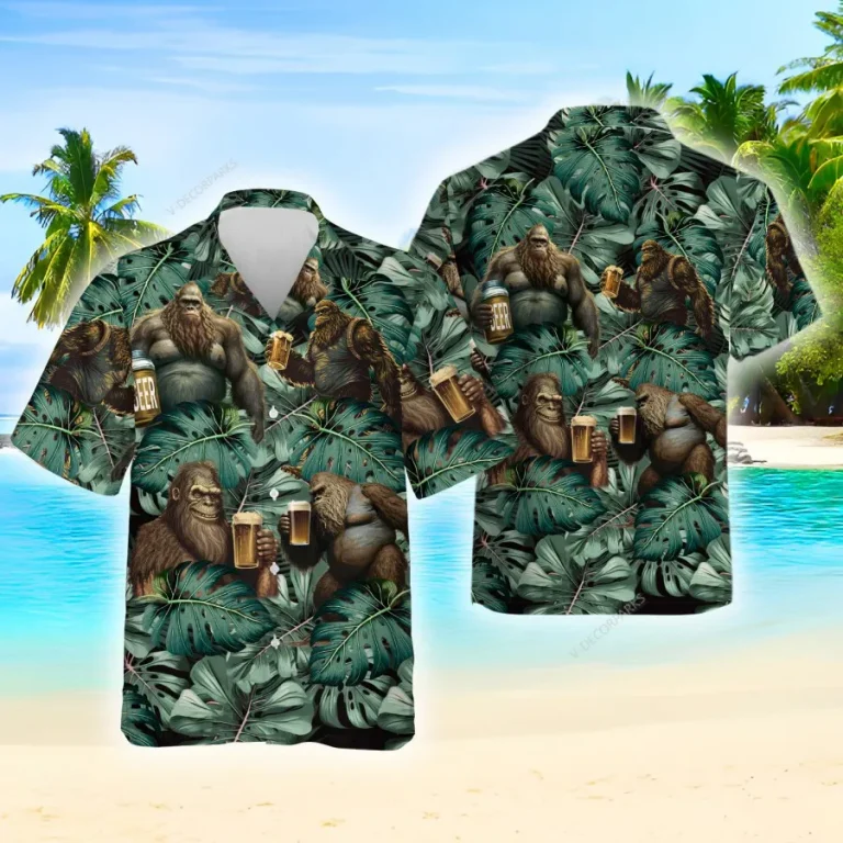 Beer Bigfoot Hawaiian Shirt For Men Women, Tropical Sasquatch Summer Beach Shirt, Bigfoot Lover Button Down Short Sleeve Shirt, Tropical Aloha Shirt