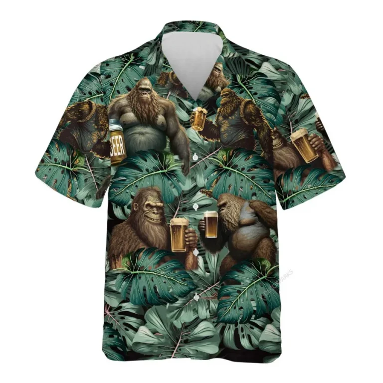 Beer Bigfoot Hawaiian Shirt For Men Women, Tropical Sasquatch Summer Beach Shirt, Bigfoot Lover Button Down Short Sleeve Shirt, Tropical Aloha Shirt