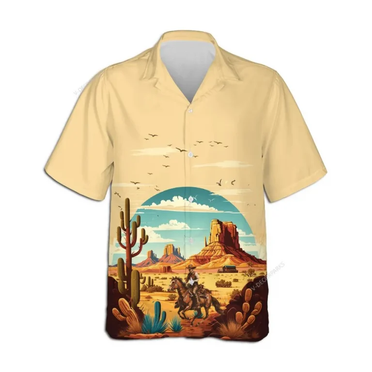 Vintage Western Cowboy Hawaiian Shirts For Men Women, Cactus Desert Summer Beach Shirts, Cowboy Aloha Shirts, Cowboy Button Down Short Sleeve Shirts