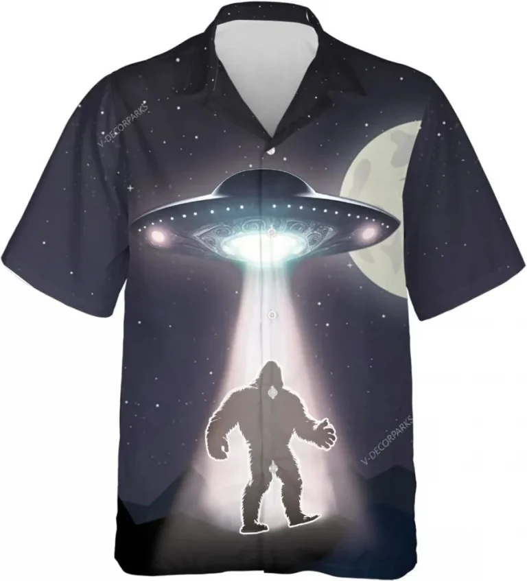 Bigfoot And Ufo Hawaiian Shirts, Bigfoot Shirt, Ufo Button Down Mens Hawaiian Shirts, Short Sleeve Aloha Shirt, Sasquatch Shirt, Summer Beach Shirt