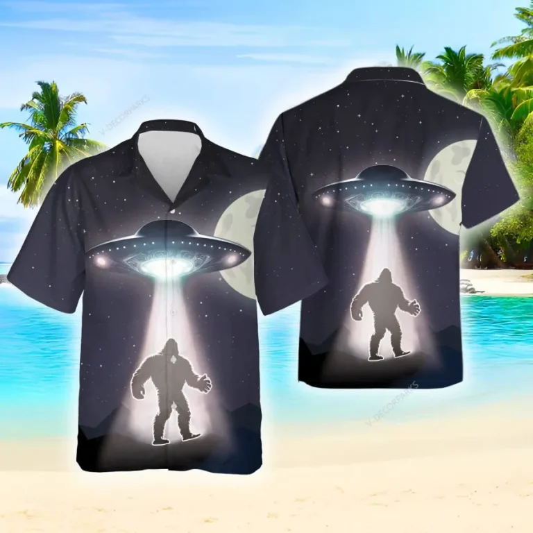 Bigfoot And Ufo Hawaiian Shirts, Bigfoot Shirt, Ufo Button Down Mens Hawaiian Shirts, Short Sleeve Aloha Shirt, Sasquatch Shirt, Summer Beach Shirt