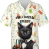 Black Cat Hawaiian Shirts, Funny Cat Drinking Hawaiian Shirts, Black Cat Summer Shirts, Bartender Casual Button Down Mens Hawaiian Shirts Short Sleeve