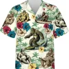 Vintage Bigfoot Surfing And Hibiscus Flower Hawaiian Shirts For Men - Bigfoot Button Down Mens Hawaiian Shirts, Summer Beach Shirt, Sasquatch Shirt