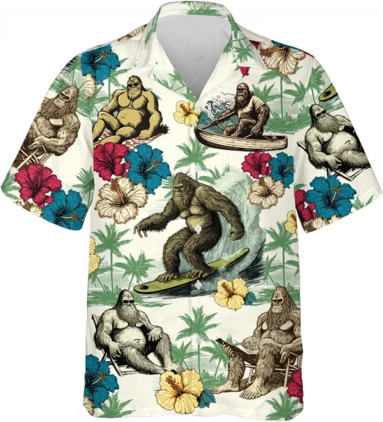 Vintage Bigfoot Surfing And Hibiscus Flower Hawaiian Shirts For Men - Bigfoot Button Down Mens Hawaiian Shirts, Summer Beach Shirt, Sasquatch Shirt