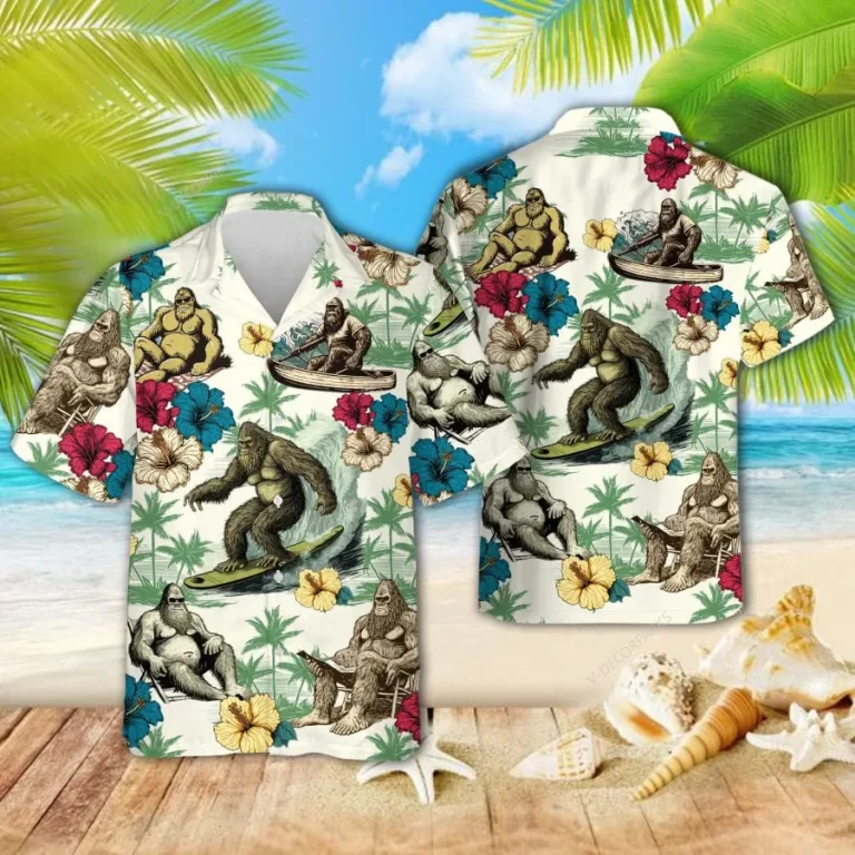 Vintage Bigfoot Surfing And Hibiscus Flower Hawaiian Shirts For Men - Bigfoot Button Down Mens Hawaiian Shirts, Summer Beach Shirt, Sasquatch Shirt