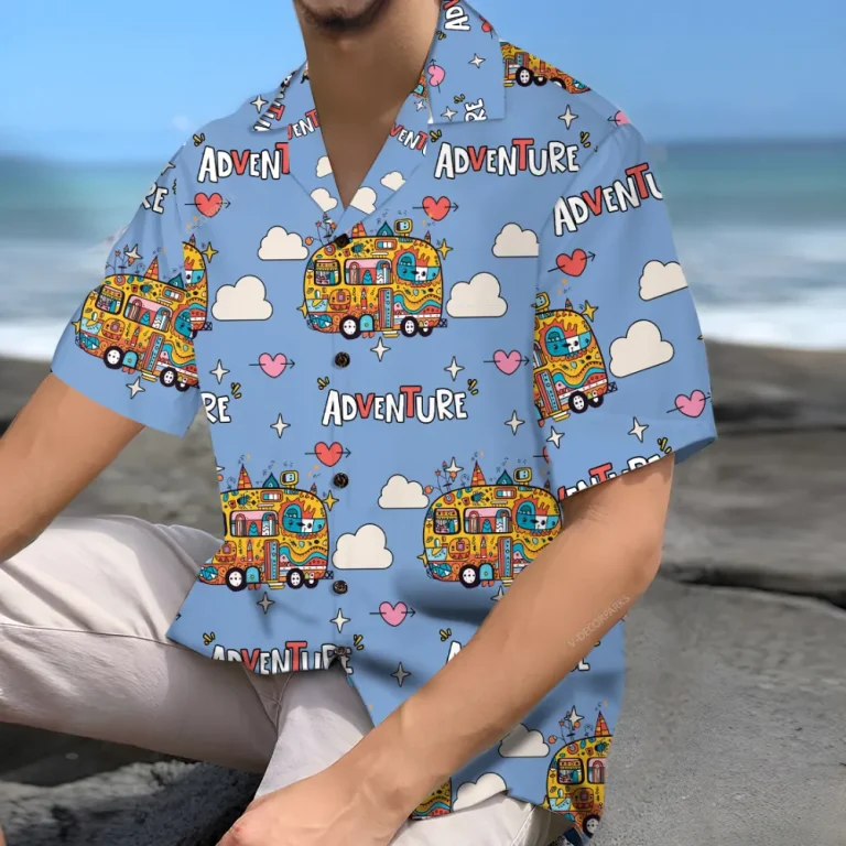 Comical Camping Unisex Hawaiian Shirts, Camping Vans Aloha Beach Shirt, Camping Button Down Short Sleeve Shirts For Men Women