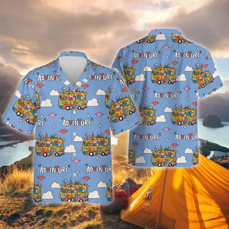 Comical Camping Unisex Hawaiian Shirts, Camping Vans Aloha Beach Shirt, Camping Button Down Short Sleeve Shirts For Men Women