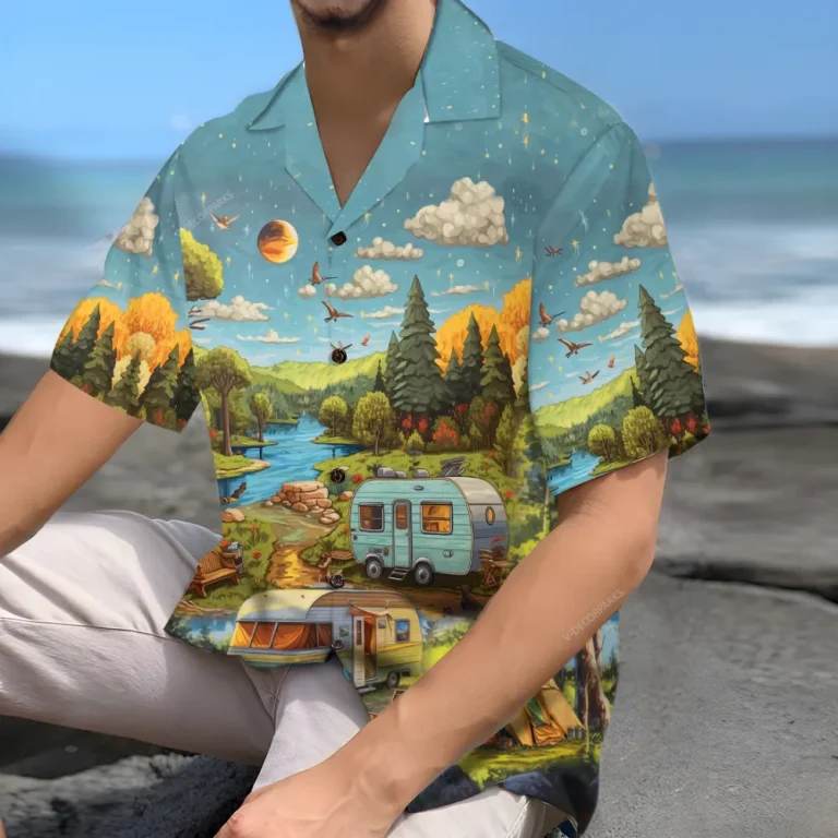 Aesthetic Camping Vans Unisex Hawaiian Shirts, Outdoor Camper Aloha Beach Shirt, Camping Button Down Short Sleeve Shirts For Men Women