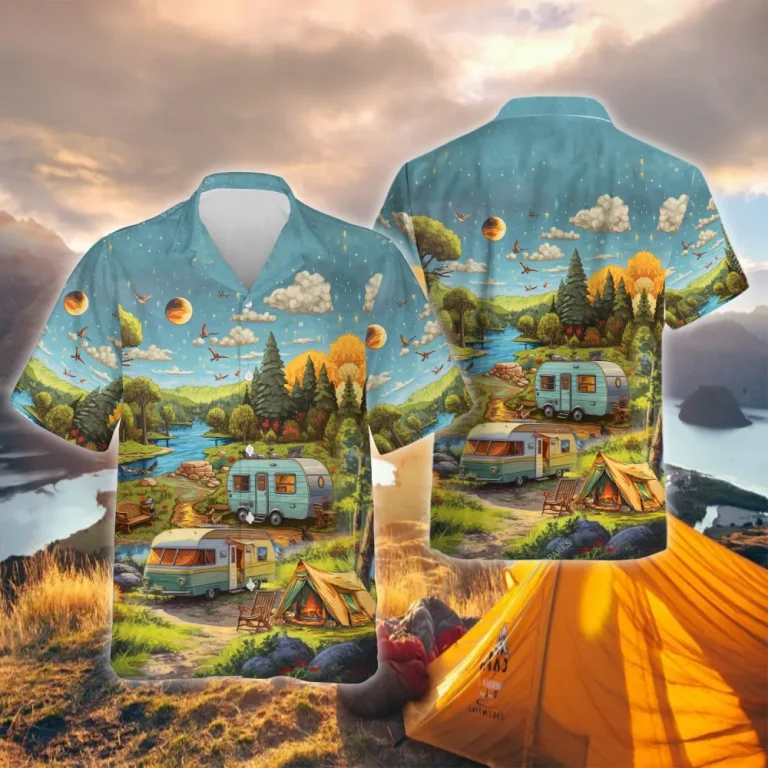 Aesthetic Camping Vans Unisex Hawaiian Shirts, Outdoor Camper Aloha Beach Shirt, Camping Button Down Short Sleeve Shirts For Men Women