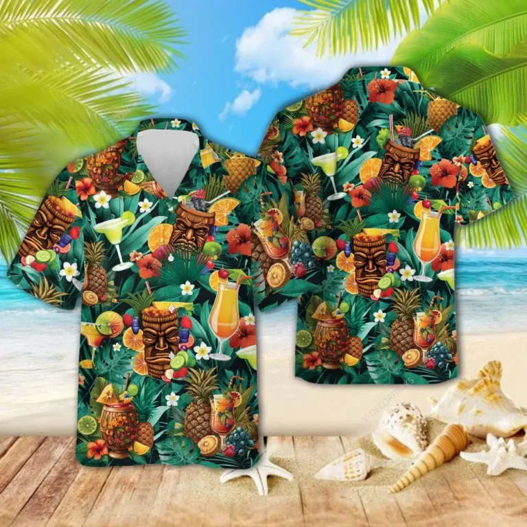 Tiki Bar Tropical Pattern Hawaiian Shirts Short Sleeves, Tiki Cocktails Button Down Mens Hawaiian Shirts, Tropical Beach Shirt, Summer Aloha Shirt