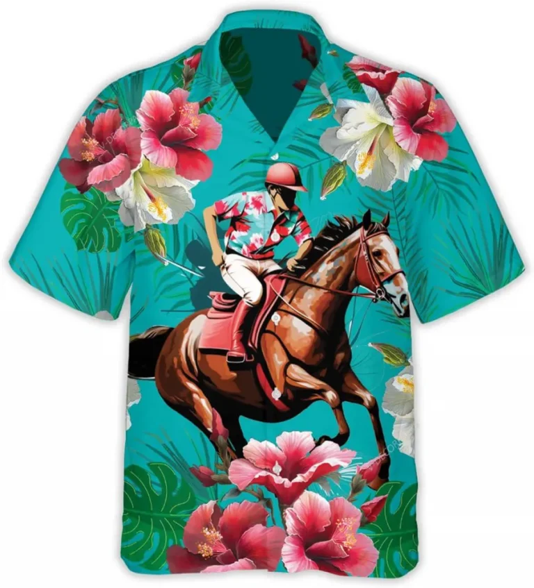 Hibiscus Flower And Horse Racers Hawaiian Shirts For Men, Horse Racing Aloha Shirt, Tropical Pattern Shirt, Hawaiian Style Shirt, Aloha Beach Shirt