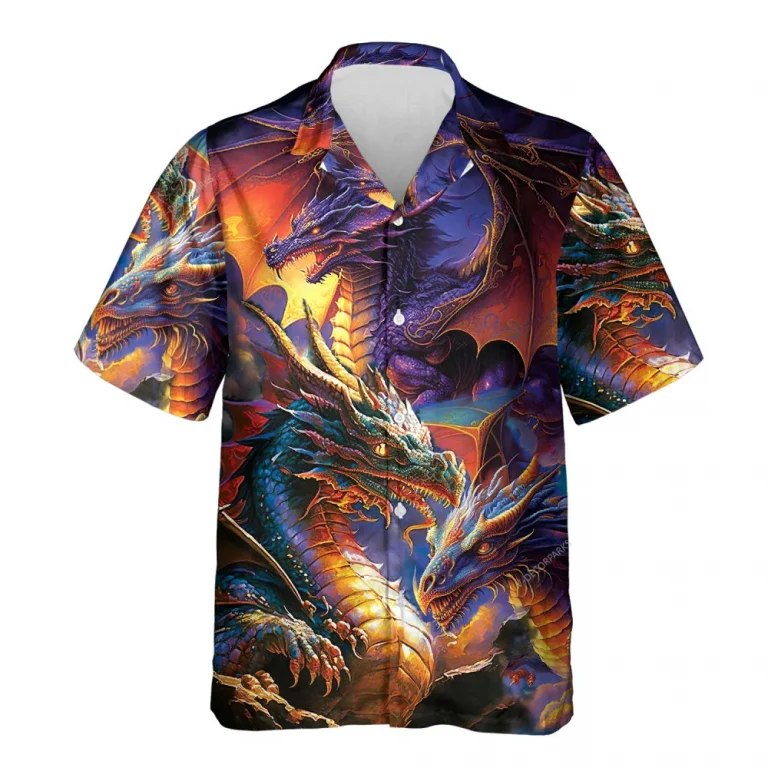 Colorful Dragon Hawaiian Shirts For Men Women, Mythical Dragon Button Down Short Sleeve Shirts, Mysterious Creatures Summer Beach Shirt
