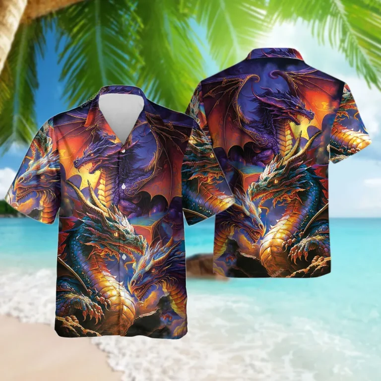 Colorful Dragon Hawaiian Shirts For Men Women, Mythical Dragon Button Down Short Sleeve Shirts, Mysterious Creatures Summer Beach Shirt