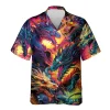 Vibrant Neon Dragon Hawaiian Shirts For Men, Colorful Dragon Button Down Short Sleeve Shirts, Mysterious Creatures Summer Beach Shirt