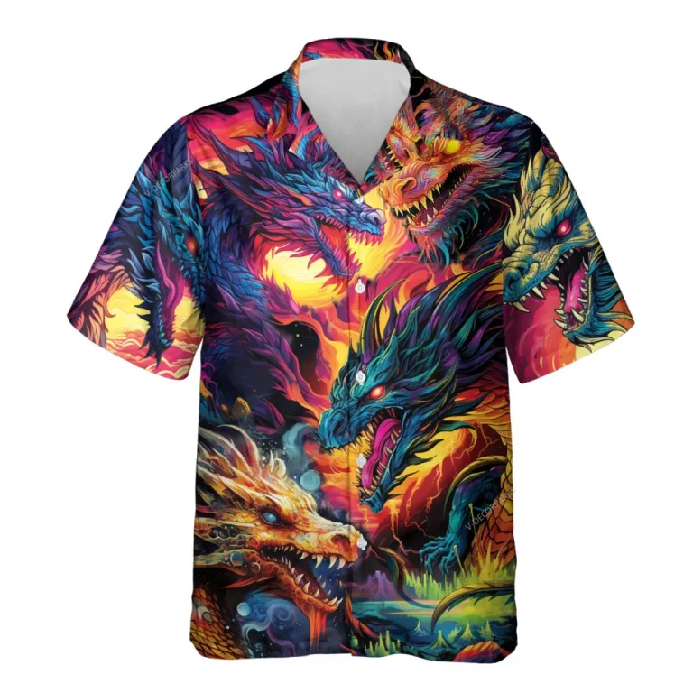 Vibrant Neon Dragon Hawaiian Shirts For Men, Colorful Dragon Button Down Short Sleeve Shirts, Mysterious Creatures Summer Beach Shirt
