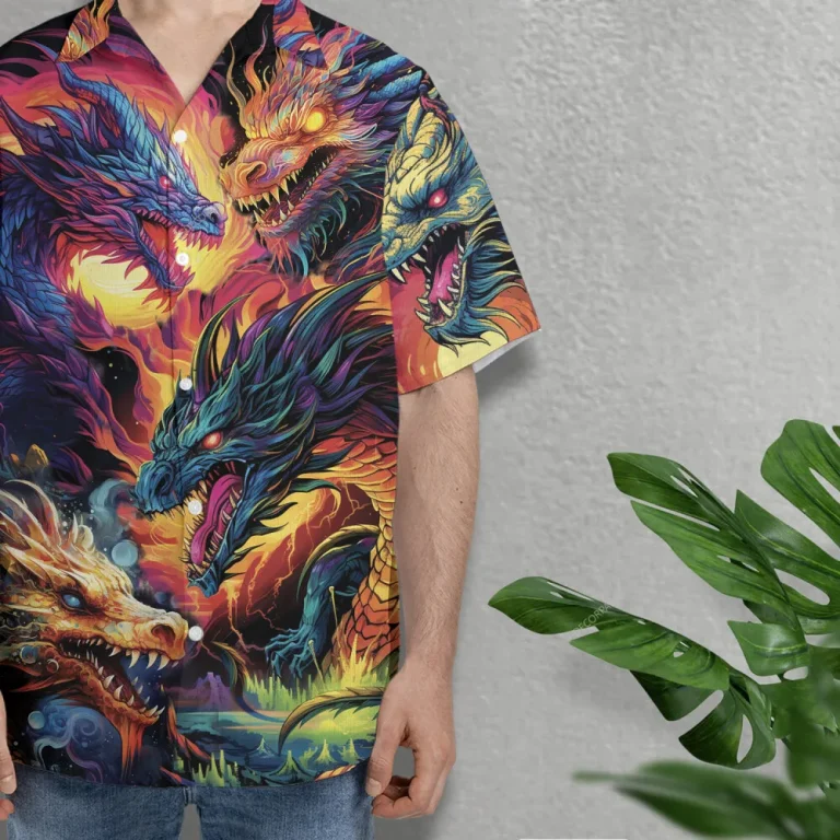 Vibrant Neon Dragon Hawaiian Shirts For Men, Colorful Dragon Button Down Short Sleeve Shirts, Mysterious Creatures Summer Beach Shirt