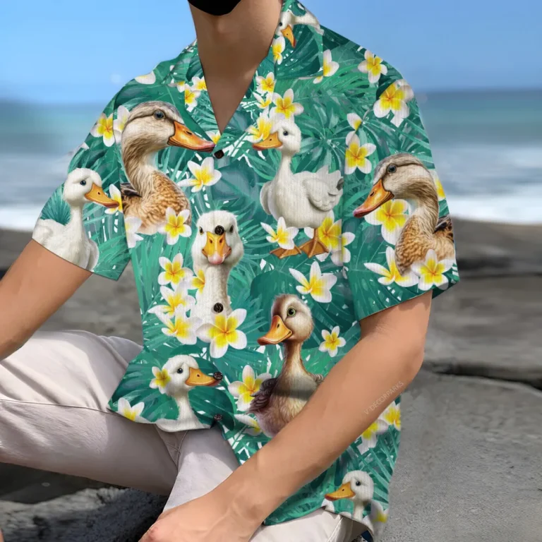 Small Duck Unisex Hawaiian Shirts, Tropical Duck Summer Aloha Beach Shirt, Animal Lover Pattern Button Down Short Sleeve Shirts