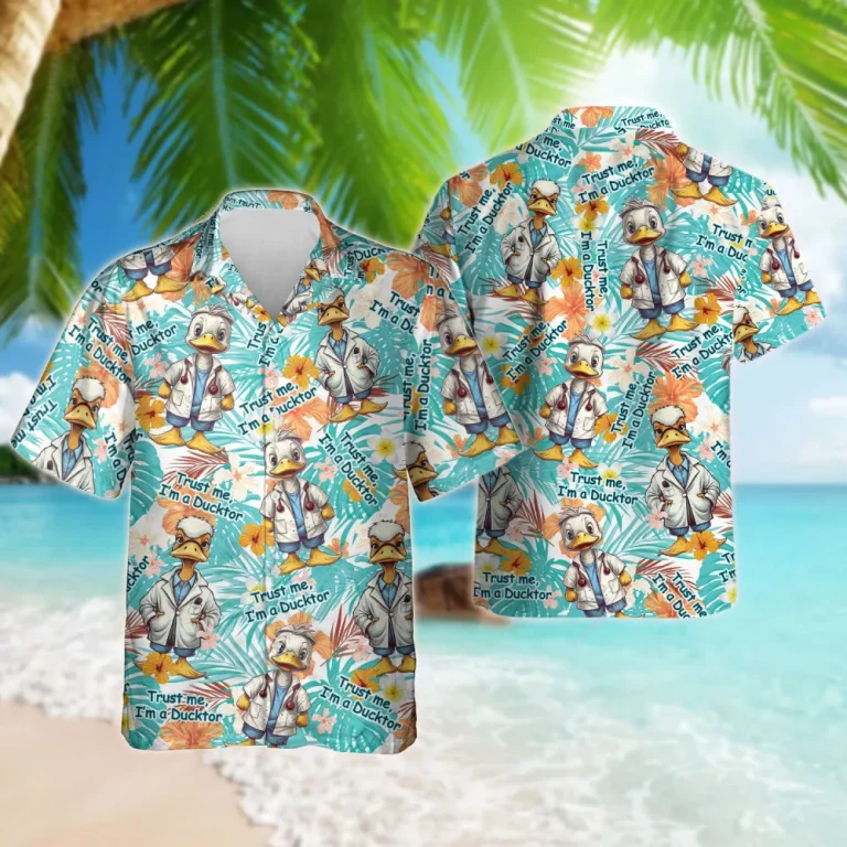 Tropical Duck Unisex Hawaiian Shirts, Funny Duck Summer Aloha Beach Shirt, Animal Lover Pattern Button Down Short Sleeve Shirts