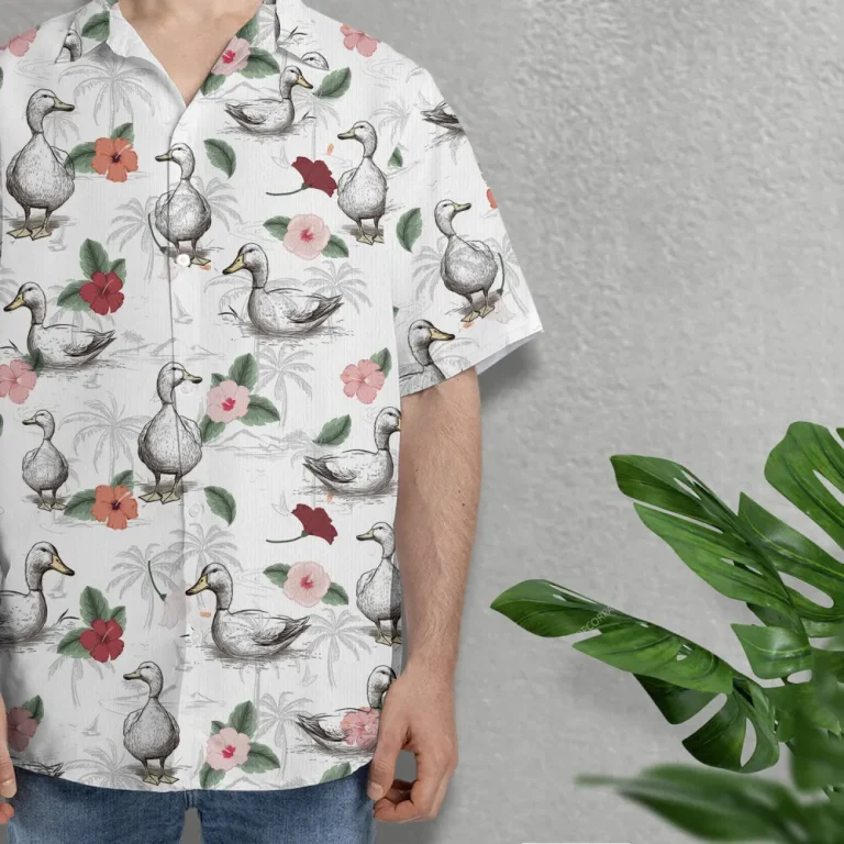 Aesthetic Duck Unisex Hawaiian Shirts, Floral Duck Summer Aloha Beach Shirt, Animal Lover Pattern Button Down Short Sleeve Shirts
