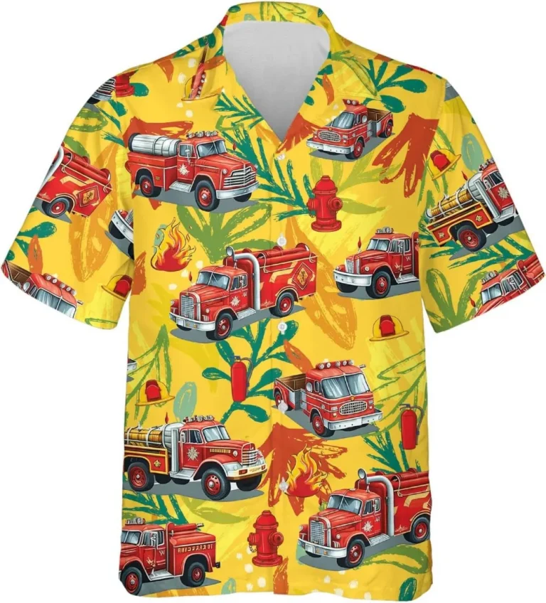 Fire Department Hawaiian Shirts For Men, Fire Fighter Hawaiian Shirts, Tropical Summer Shirts, Fire Rescue Casual Button Down Short Sleeve Shirts