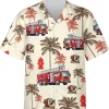 Firefighter Truck Hawaiian Shirts, Palm Trees Pattern Rescue Fire Department Casual Button Down Hawaiian Shirts Short Sleeve, Gift For Firefighters