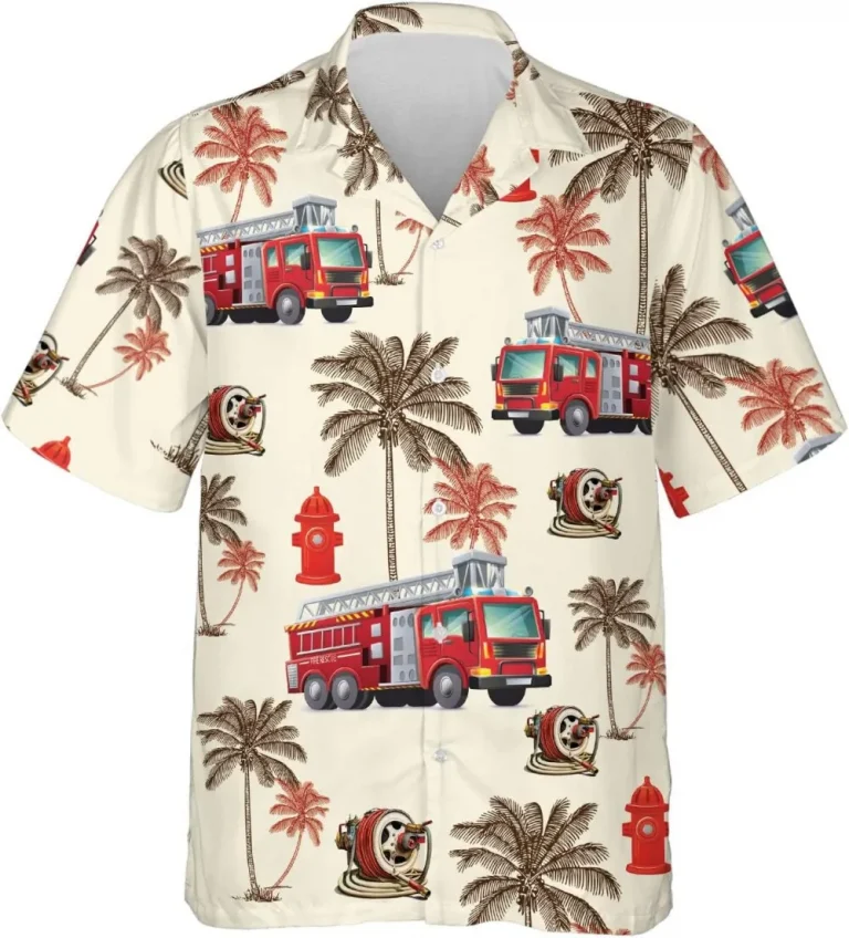 Firefighter Truck Hawaiian Shirts, Palm Trees Pattern Rescue Fire Department Casual Button Down Hawaiian Shirts Short Sleeve, Gift For Firefighters