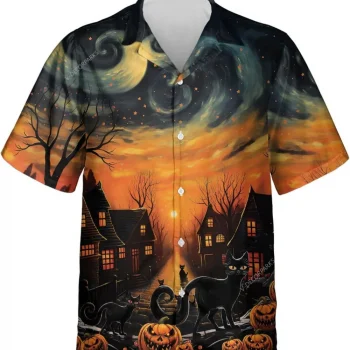 Halloween Horror Night With Black Cat And Pumpkin Hawaiian Shirts, Halloween Night Button Down Hawaiian Shirts, Halloween Shirt, Short Sleeves Shirt