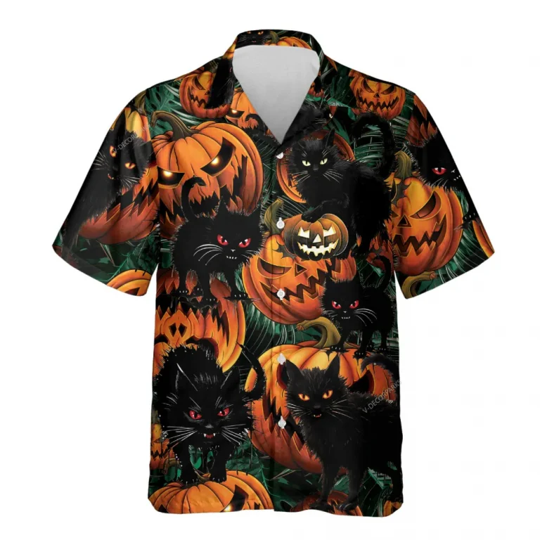 Spooky Black Cat Pumpkin Hawaiian Shirt For Men Women, Scary Black Cat Halloween Aloha Button Down Short Sleeve Shirt, Halloween Hawaiian Style Shirts