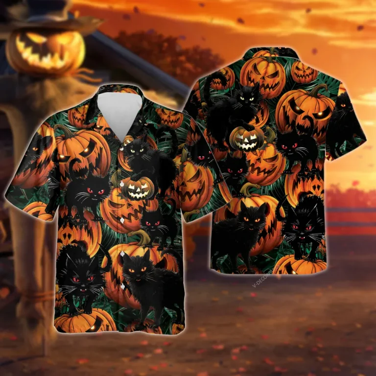 Spooky Black Cat Pumpkin Hawaiian Shirt For Men Women, Scary Black Cat Halloween Aloha Button Down Short Sleeve Shirt, Halloween Hawaiian Style Shirts