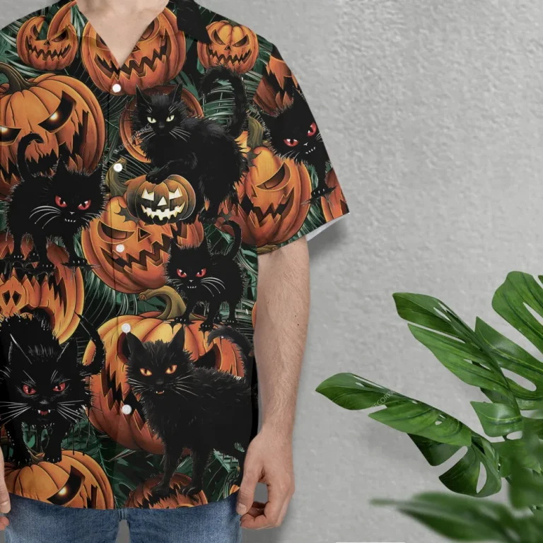 Spooky Black Cat Pumpkin Hawaiian Shirt For Men Women, Scary Black Cat Halloween Aloha Button Down Short Sleeve Shirt, Halloween Hawaiian Style Shirts