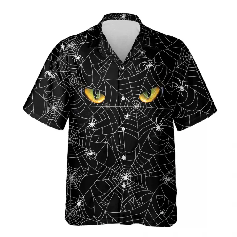 Horror Black Cat Hawaiian Shirt For Men Women, Black Cat Spider Web Halloween Aloha Button Down Short Sleeve Shirt, Halloween Hawaiian Style Shirts