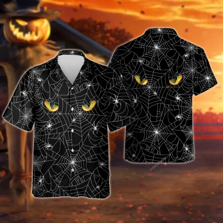 Horror Black Cat Hawaiian Shirt For Men Women, Black Cat Spider Web Halloween Aloha Button Down Short Sleeve Shirt, Halloween Hawaiian Style Shirts