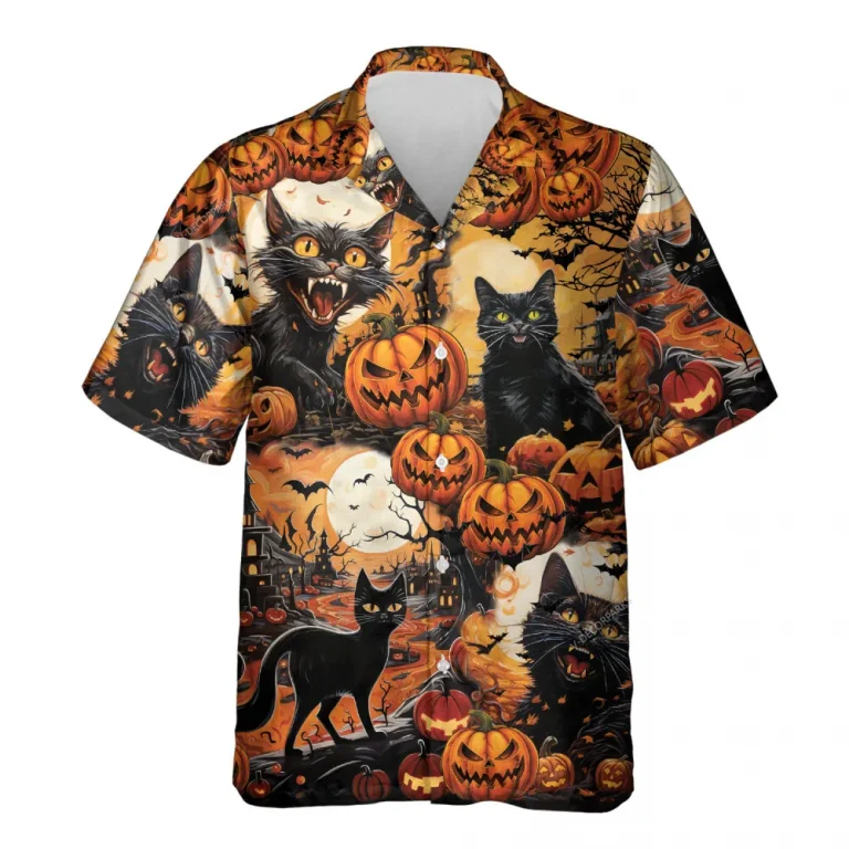 Scream Black Cat Hawaiian Shirt For Men Women, Black Cat Pumpkin Halloween Aloha Button Down Short Sleeve Shirt, Halloween Hawaiian Style Shirts