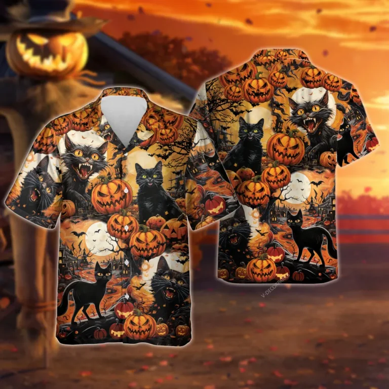 Scream Black Cat Hawaiian Shirt For Men Women, Black Cat Pumpkin Halloween Aloha Button Down Short Sleeve Shirt, Halloween Hawaiian Style Shirts