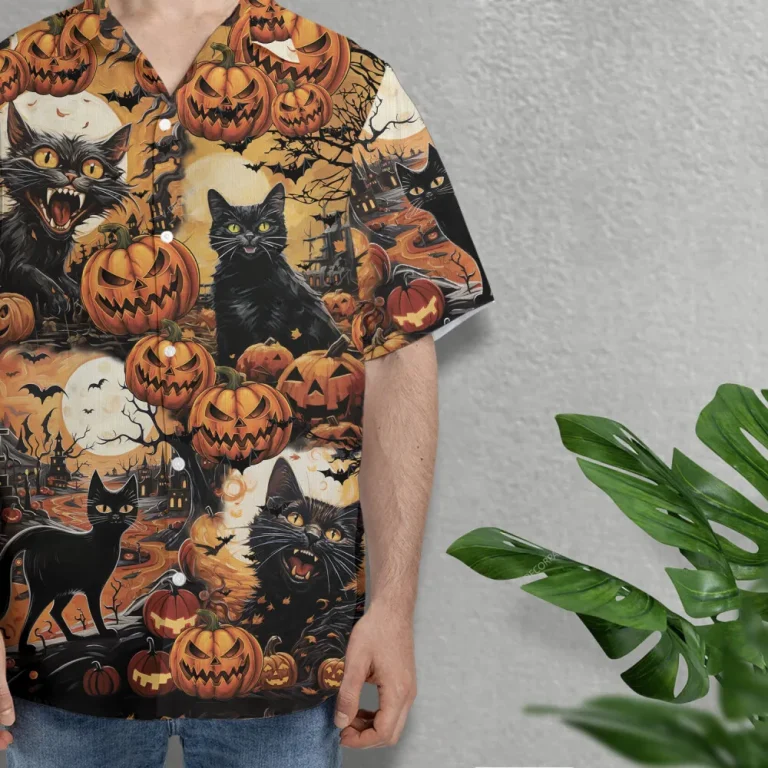 Scream Black Cat Hawaiian Shirt For Men Women, Black Cat Pumpkin Halloween Aloha Button Down Short Sleeve Shirt, Halloween Hawaiian Style Shirts