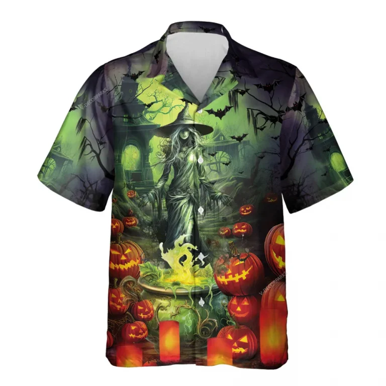 Horror Witch Hawaiian Shirt For Men Women, Witch Pumpkin Halloween Aloha Button Down Short Sleeve Shirt, Halloween Hawaiian Style Shirts