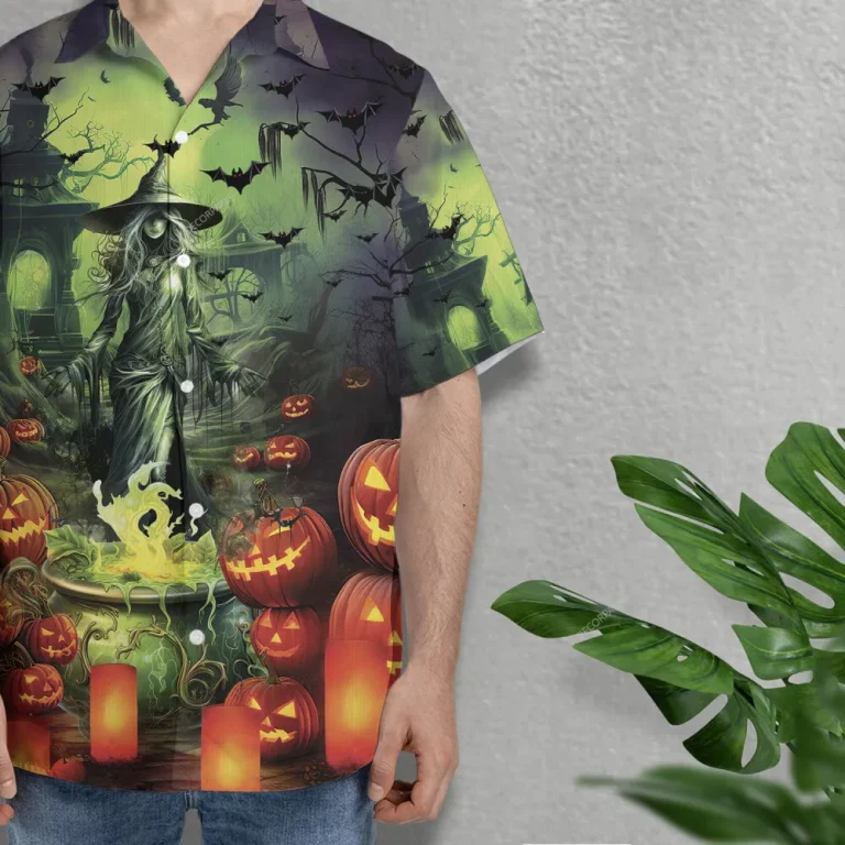 Horror Witch Hawaiian Shirt For Men Women, Witch Pumpkin Halloween Aloha Button Down Short Sleeve Shirt, Halloween Hawaiian Style Shirts
